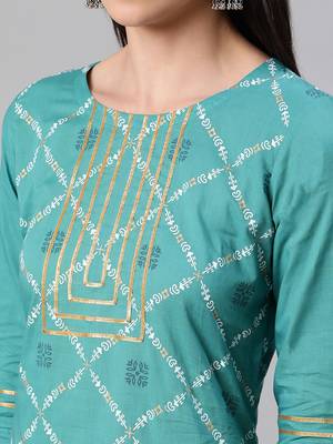 Teal printed cotton kurtas-and-kurtis 4