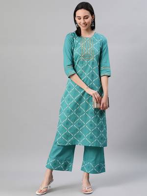 Teal printed cotton kurtas-and-kurtis 5