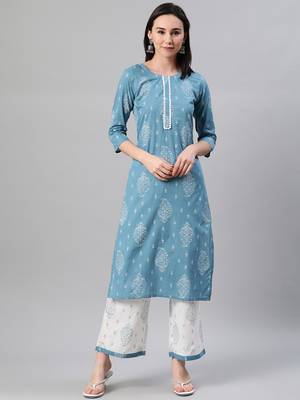 Blue printed cotton kurtas-and-kurtis 1