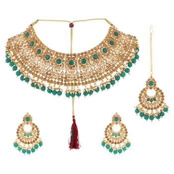 Piah Gold Plated Wedding Jewellery Gold & Green Square Kundan & Pearl Half Bridal Choker Necklace 1