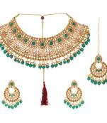 Piah Gold Plated Wedding Jewellery Gold & Green Square Kundan & Pearl Half Bridal Choker Necklace