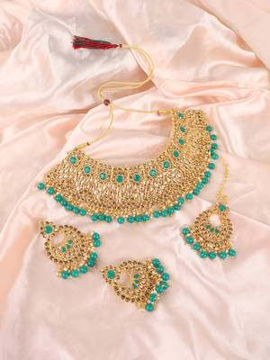 Piah Gold Plated Wedding Jewellery Gold & Green Square Kundan & Pearl Half Bridal Choker Necklace 4