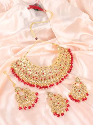 Piah Gold Plated Wedding Jewellery Gold & MarronSquare Kundan & Pearl Half Bridal Choker Necklace 1