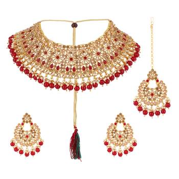 Piah Gold Plated Wedding Jewellery Gold & MarronSquare Kundan & Pearl Half Bridal Choker Necklace 5