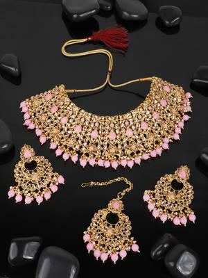 Piah Gold Plated Wedding Jewellery Gold & Pink  Square Kundan & Pearl Half Bridal Choker Necklace 1