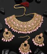 Piah Gold Plated Wedding Jewellery Gold & Pink  Square Kundan & Pearl Half Bridal Choker Necklace