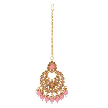 Piah Gold Plated Wedding Jewellery Gold & Pink  Square Kundan & Pearl Half Bridal Choker Necklace 4