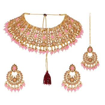 Piah Gold Plated Wedding Jewellery Gold & Pink  Square Kundan & Pearl Half Bridal Choker Necklace 5