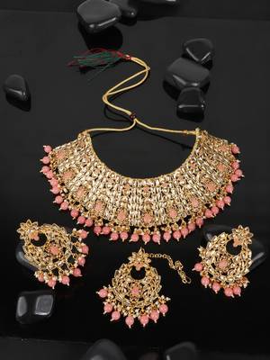 Gold & Baby Pink Kadi fitting half bridal choker necklace 1