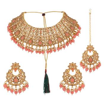 Gold & Baby Pink Kadi fitting half bridal choker necklace 5