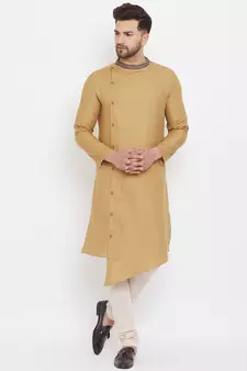 Beige plain cotton men-kurtas