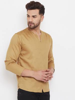 Beige plain cotton men-kurtas 3