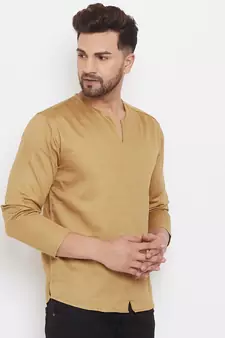 Beige plain cotton men-kurtas