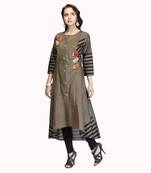 Olive embroidered cotton kurtas-and-kurtis