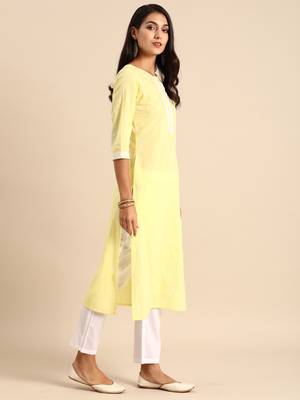 Yellow printed cotton ethnic-kurtis 4
