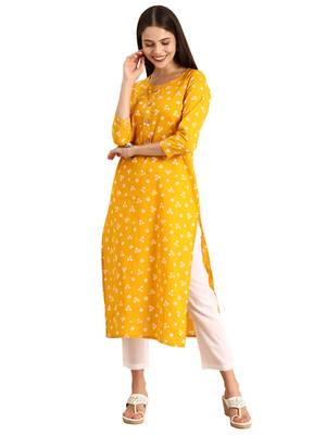 Yellow printed cotton ethnic-kurtis 1