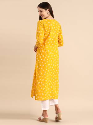 Yellow printed cotton ethnic-kurtis 2