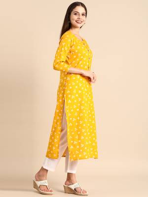 Yellow printed cotton ethnic-kurtis 3