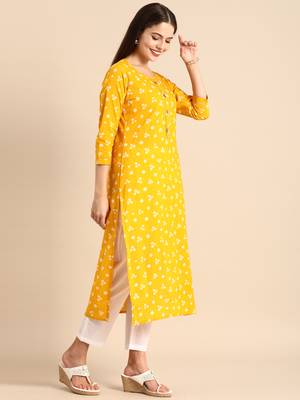 Yellow printed cotton ethnic-kurtis 4