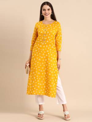 Yellow printed cotton ethnic-kurtis 5