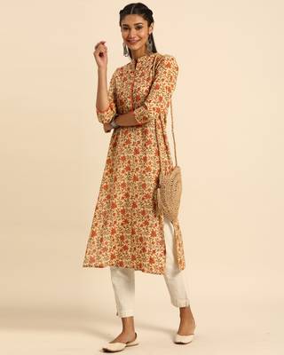 Beige printed cotton ethnic-kurtis 4
