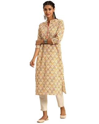 Beige printed cotton ethnic-kurtis 1