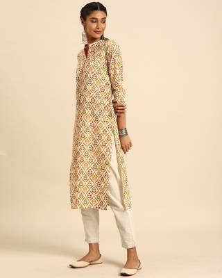 Beige printed cotton ethnic-kurtis 3