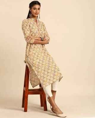 Beige printed cotton ethnic-kurtis 4