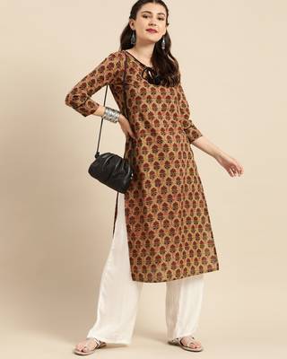 Beige printed cotton ethnic-kurtis 3