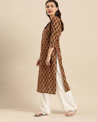 Beige printed cotton ethnic-kurtis 4
