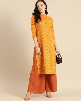 Yellow printed cotton ethnic-kurtis 4