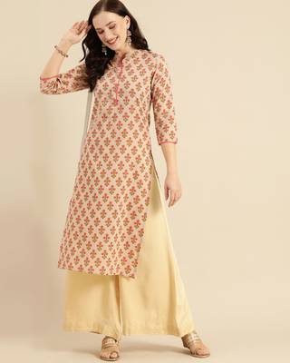 Beige printed cotton ethnic-kurtis 4