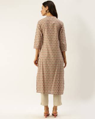 Beige printed cotton ethnic-kurtis 2