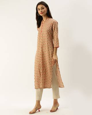 Beige printed cotton ethnic-kurtis 3