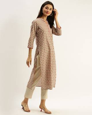 Beige printed cotton ethnic-kurtis 4