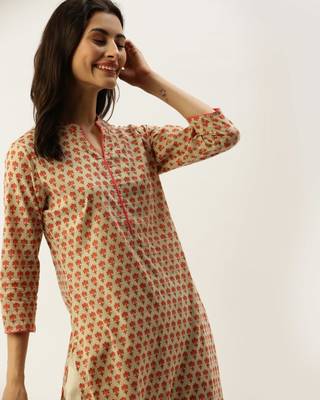 Beige printed cotton ethnic-kurtis 5