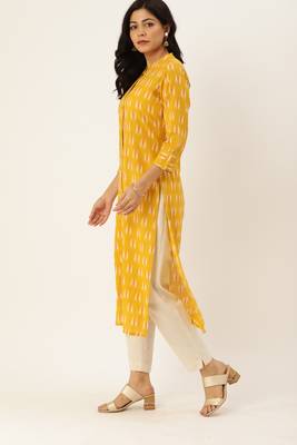 Yellow printed cotton ethnic-kurtis 3