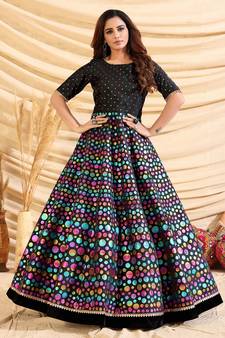 Black pigment foliage Taffeta Silk Party Wear gown