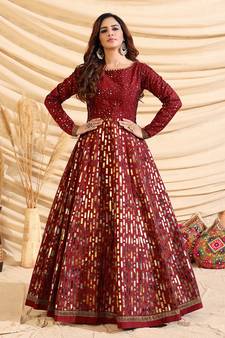 Maroon pigment foliage Taffeta Silk Party Wear gown