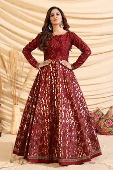 Maroon pigment foliage Taffeta Silk Party Wear gown