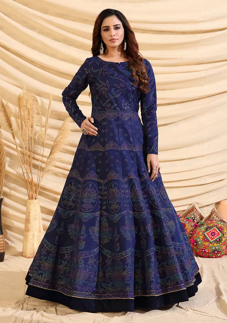 Navy-Blue pigment foliage Taffeta Silk Party Wear gown