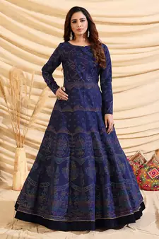 Navy-Blue pigment foliage Taffeta Silk Party Wear gown