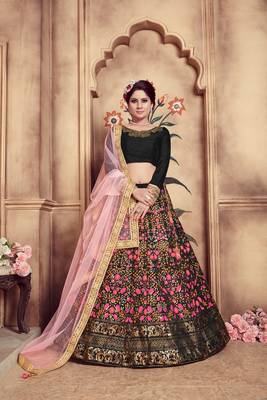 Black embroidered silk semi stitched lehenga 1