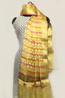 weaved pure tusser silk dupatta weaved in leaf pattern motif and rangkart work done on dupatta