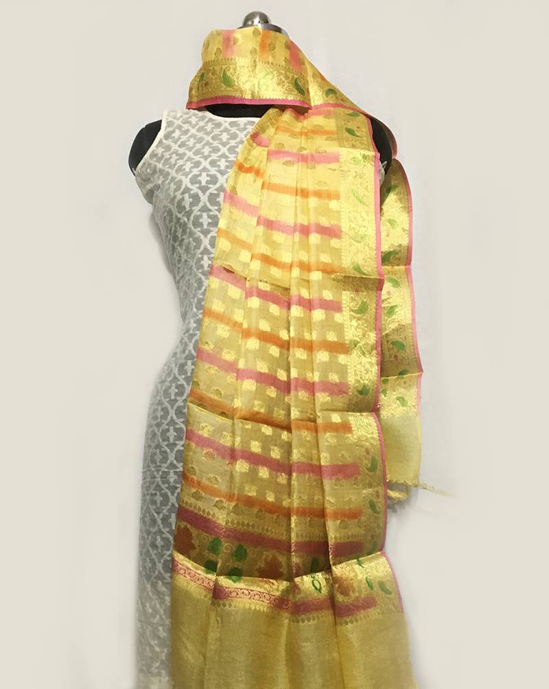weaved pure tusser silk dupatta weaved in leaf pattern motif and rangkart work done on dupatta