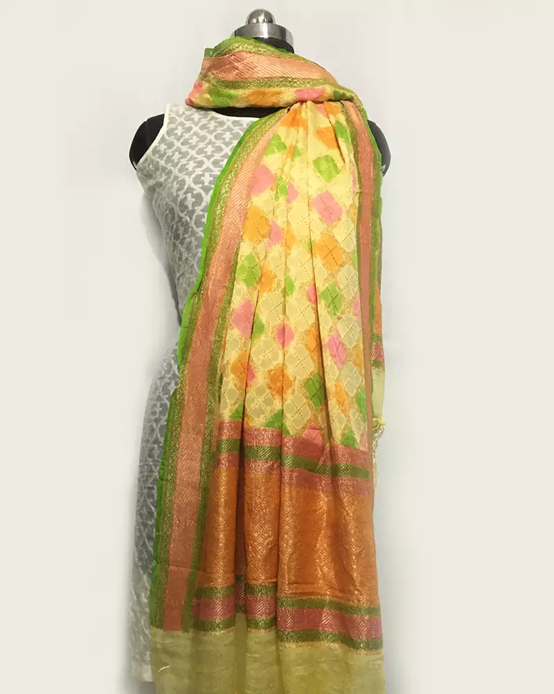 Hnadkind weaved pure chiffon silk dupatta weaved in with ethnic pattern jaal and rangkart work dupatta