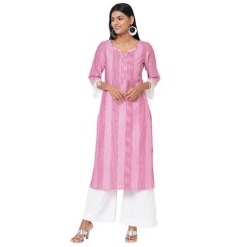 Women's Woven Cotton Pink Kurta 2