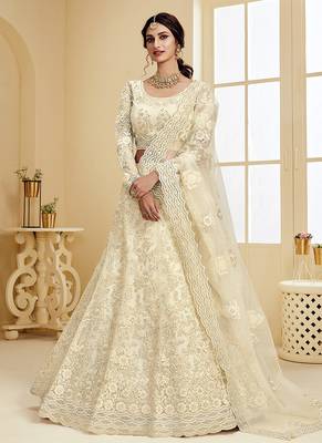 White embroidered net semi stitched lehenga 1
