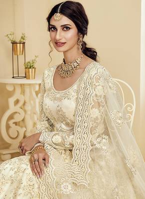 White embroidered net semi stitched lehenga 3