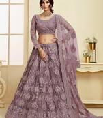 Wine embroidered net semi stitched lehenga